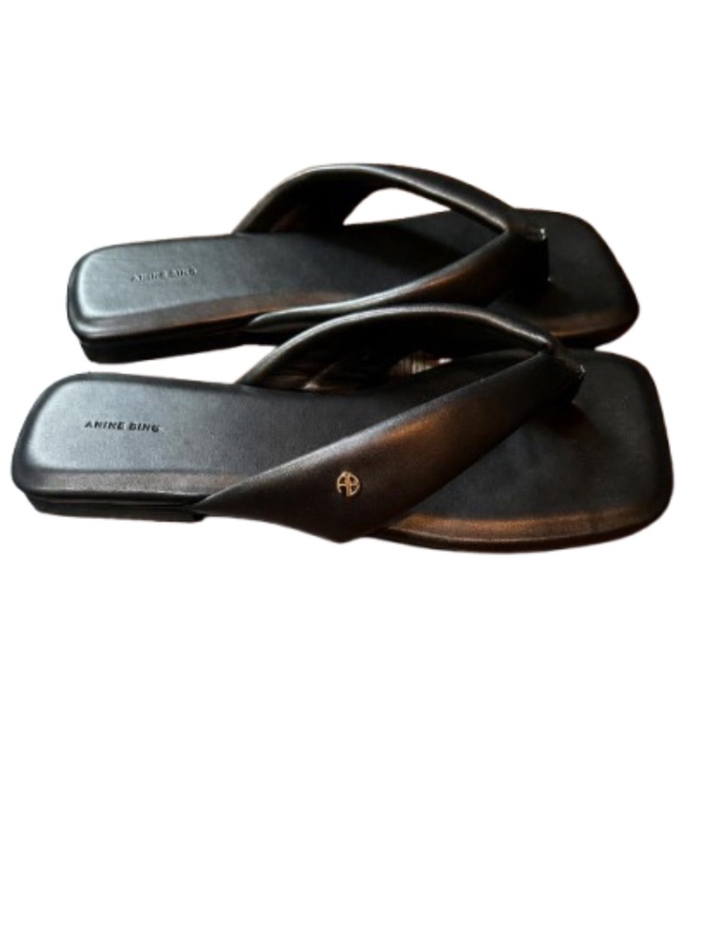 NWT ANINE BING Viola Sandals, Black Lambskin Leather Square Toe Thong Flat